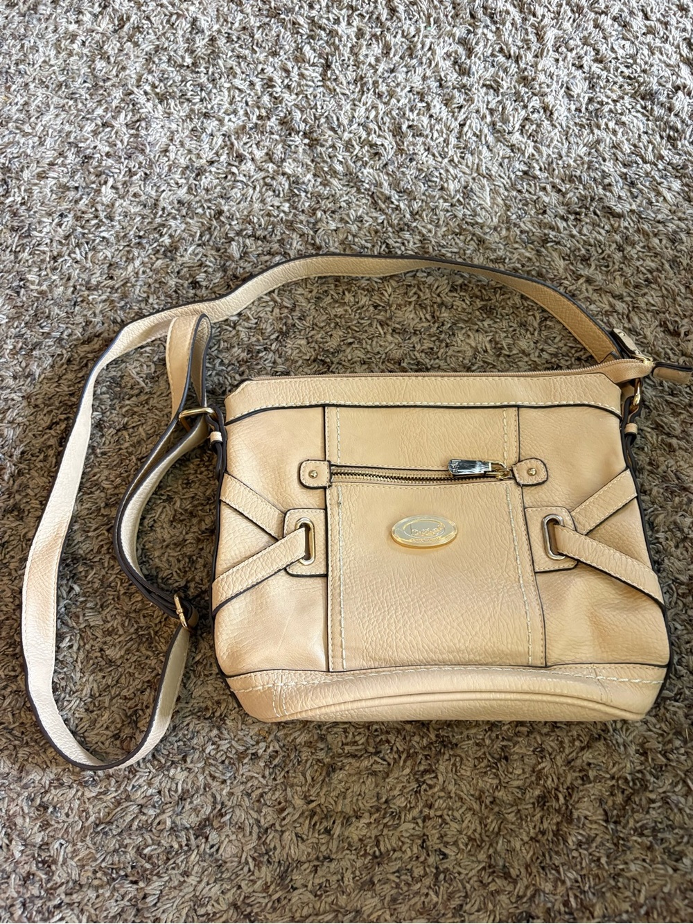 boc Tan Leather Crossbody with Front Zip and Gold Logo